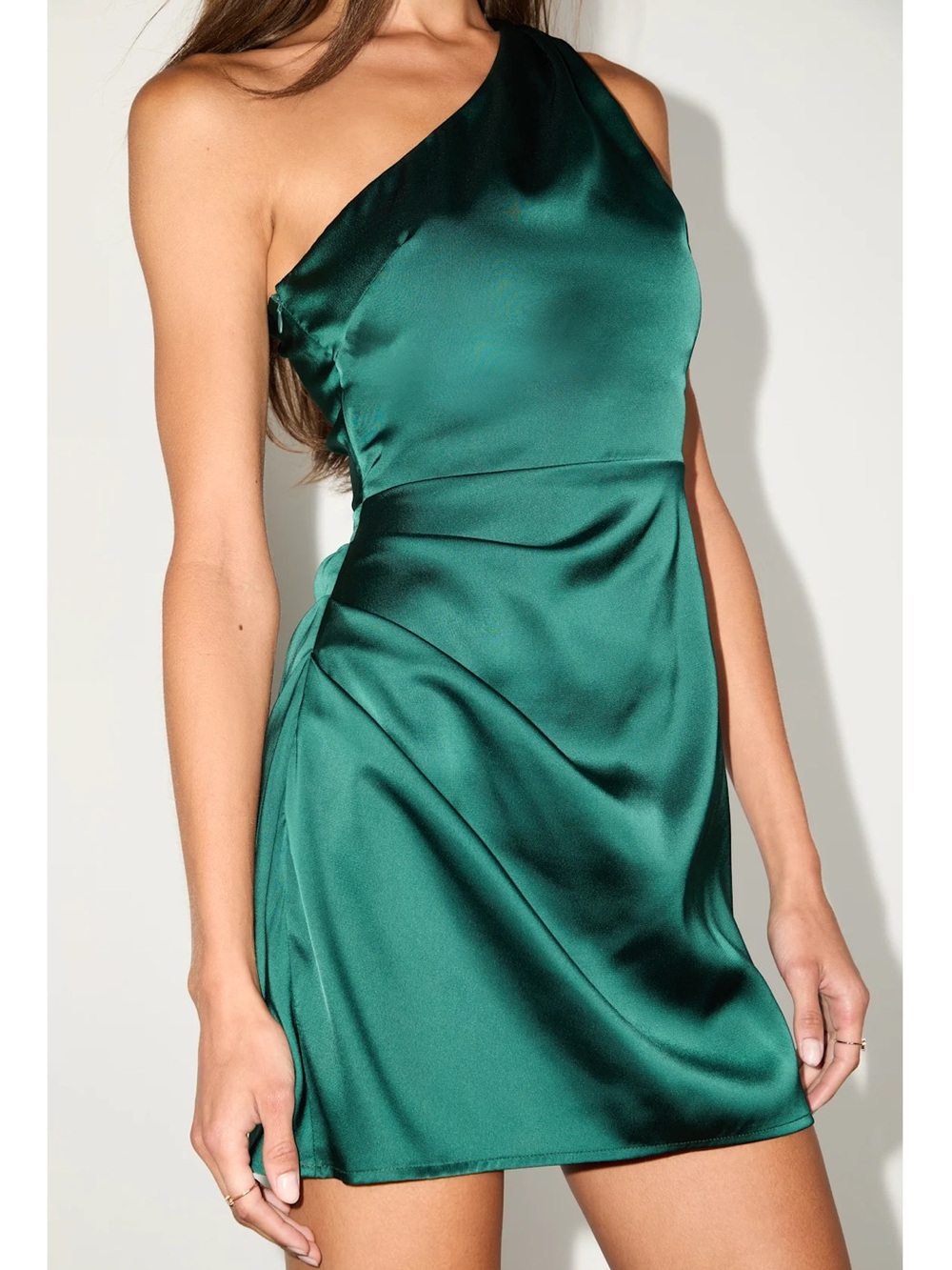 NWT Lulu’s Love Me Tonight Emerald Green Satin One-Shoulder Mini Dress Baddie XS